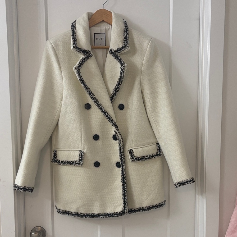 MOTF Women's White Oversized Double-Breasted Coat with Tweed Fringe